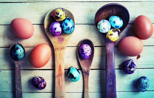 Доски, яйца, colorful, Пасха, ложка, spring, Easter, крашеные