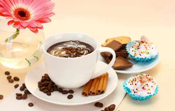 Картинка цветы, кофе, еда, шоколад, чашка, торт, cake, flower