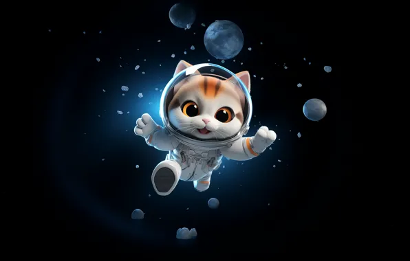 Кошка, кот, взгляд, стекло, космос, свет, полет, поза
