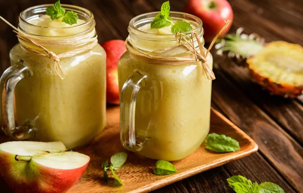 Листья, яблоки, кружки, фрукты, ананас, боке, смузи