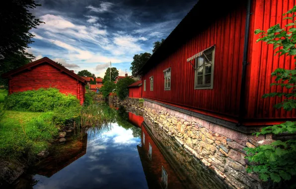 Картинка красный, природа, река, дома