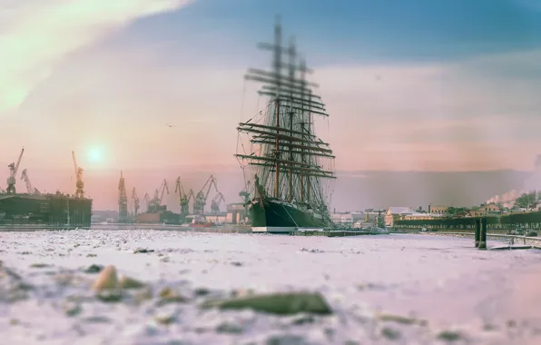 Картинка зима, утро, Санкт-Петербург, барк Седов
