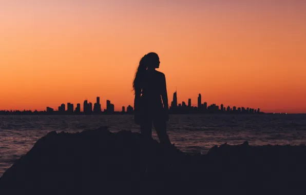 Girl, City, Water, Women, View, Ocean, Shade, Sun Goes Down