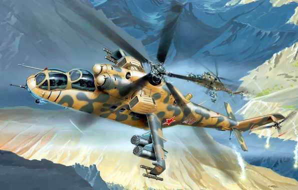 Картинка арт, вертолет, боевой, ВВС, ОКБ, российский, Ми-24, советский
