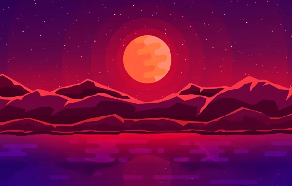 Картинка море, горы, луна