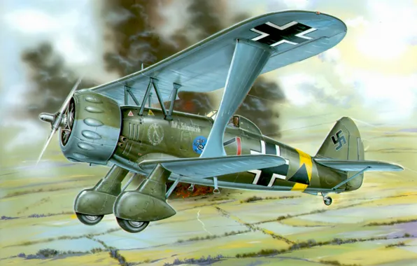 Картинка war, art, painting, aviation, ww2, Henschel Hs 123