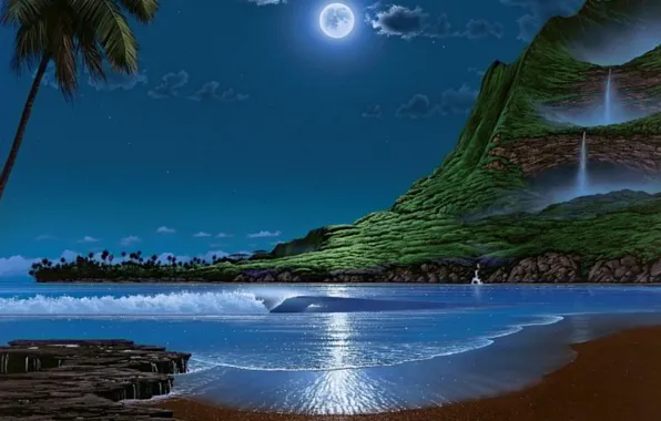 Картинка песок, небо, облака, пальмы, гора, водопад, Луна, Остров