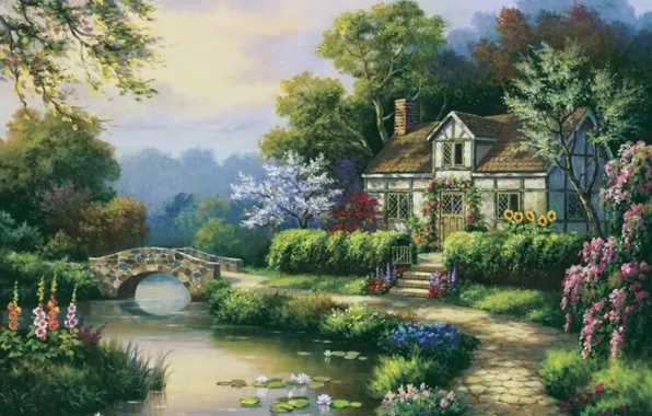 Картинка река, дома, картина, сад, живопись, painting, Sung Kim