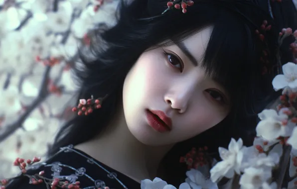 Картинка девушка, лицо, образ, азиатка, цифровое искусство, ИИ-арт, Искусство искусственного интеллекта, НЕЙРОСЕТЬ