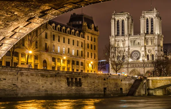 Мост, город, река, Франция, Париж, вечер, освещение, Сена