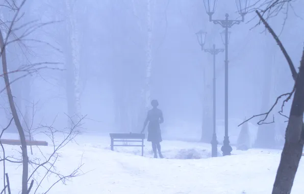 Снег, деревья, город, туман, весна, утро, Россия, Самара