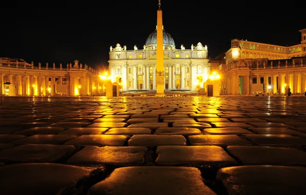 Ночь, огни, обелиск, Ватикан, собор Святого Петра, площадь Святого Петра
