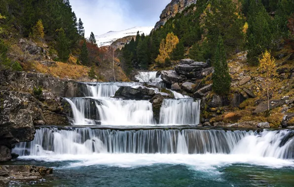 Осень, лес, скалы, берег, листва, водопад, поток, краски осени