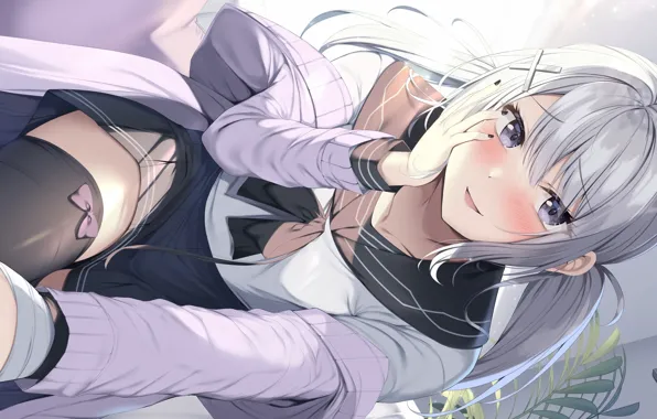 Girl, sexy, school uniform, thighhighs, long hair, anime, beautiful, purple eyes
