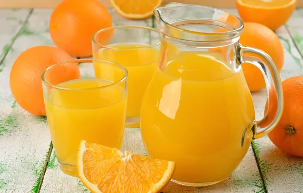 Картинка апельсины, стаканы, напиток, кувшин, апельсиновый сок
