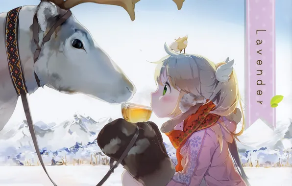 Картинка зима, снег, птица, чай, олень, шарф, арт, девочка