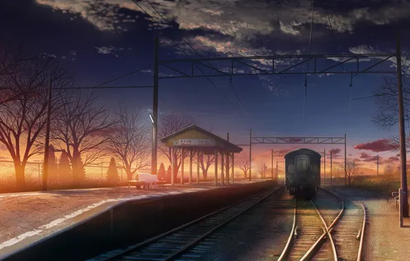 Закат, поезд, станция, вечер, арт, перрон, железная дорога, monorisu