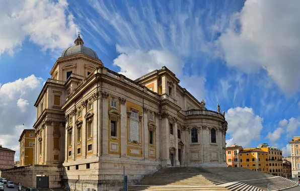 Картинка небо, облака, дома, Рим, Италия, церковь, ступени, базилика