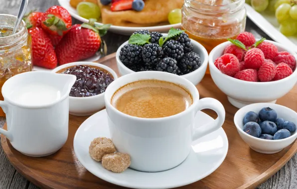 Картинка ягоды, малина, завтрак, черника, клубника, fresh, ежевика, coffee
