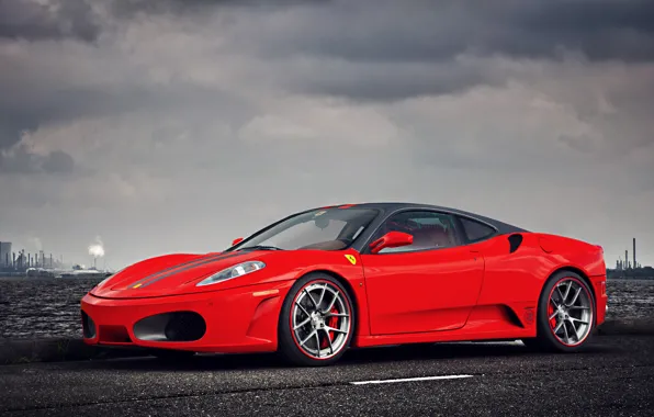Картинка F430, Ferrari, Red, Clouds, Sky, Landscape, Water, Supercar