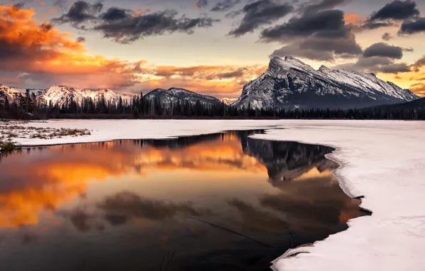 Картинка зима, снег, пейзаж, закат, горы, природа, озеро, отражение