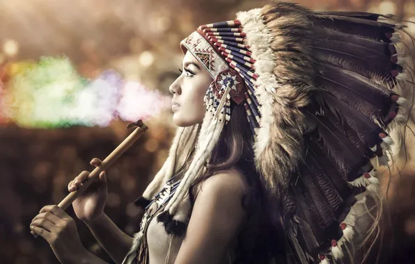 Картинка colorful, smoke, feathers, model, people, women, closeup, headdress