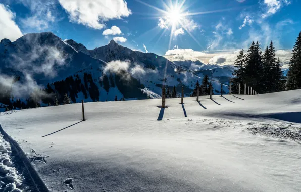 Зима, солнце, снег, горы, Швейцария, Switzerland, Thuner See