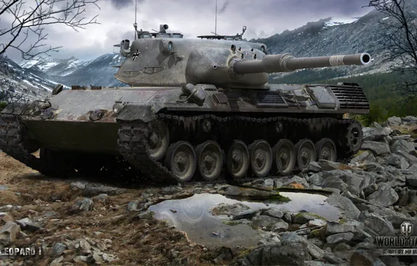 Картинка пейзаж, горы, камни, танк, немецкий, средний, World of Tanks, Leopard 1