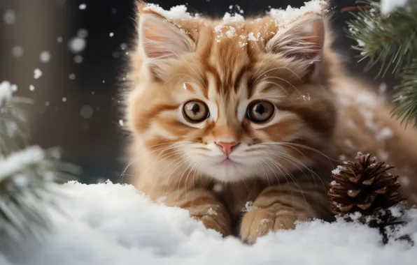 Зима, кошка, взгляд, снег, природа, котенок, портрет, рыжий