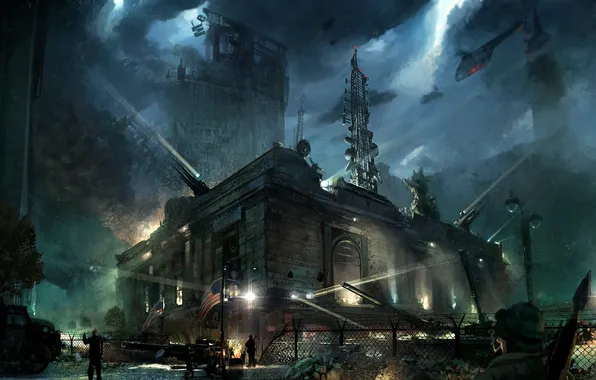 Картинка здание, флаг, вертолет, солдаты, Crysis 2