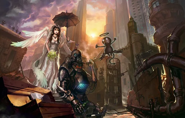 Картинка девушка, цветы, город, робот, крылья, зонт, мышь, руины