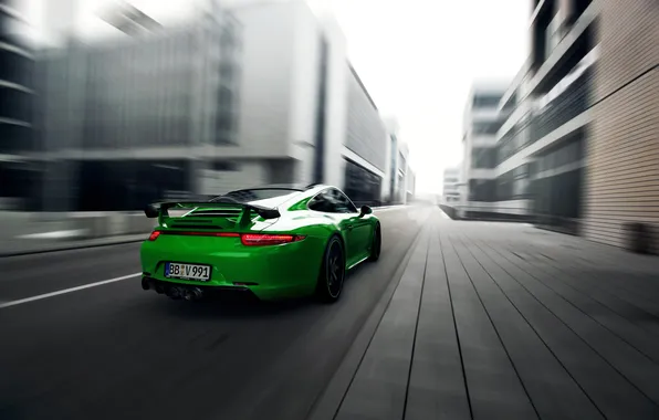 Картинка дорога, машина, зеленый, улица, фары, порше, Porsche 911, кар