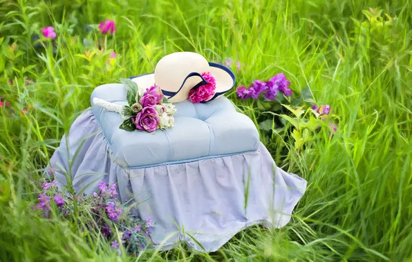 Картинка лето, трава, цветы, природа, шляпа, пуфик