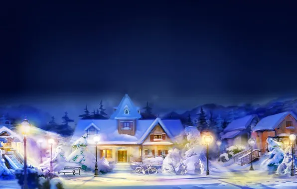 Картинка небо, снег, улица, дома, Зима, фонари