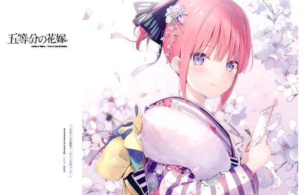 Кимоно, челка, красные волосы, цветение сакуры, Toubun no Hanayome, by 6U, Nino Nakano, Пять Невест
