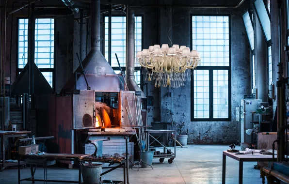 Room, interior, chandelier, oven, a glass-blowing workshop