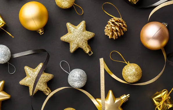 Картинка украшения, золото, шары, Новый Год, Рождество, golden, черный фон, black