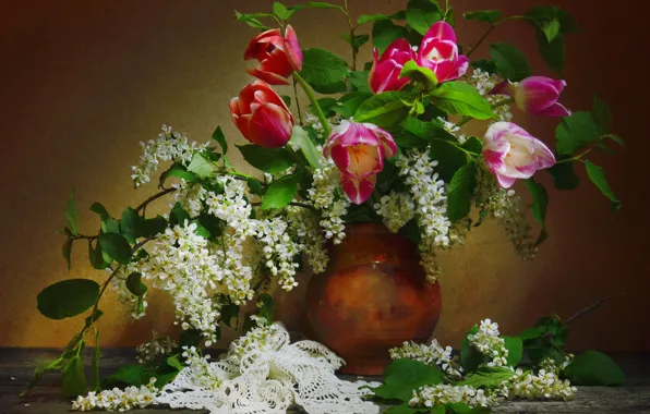 Картинка цветы, весна, тюльпаны, ваза, скатерть