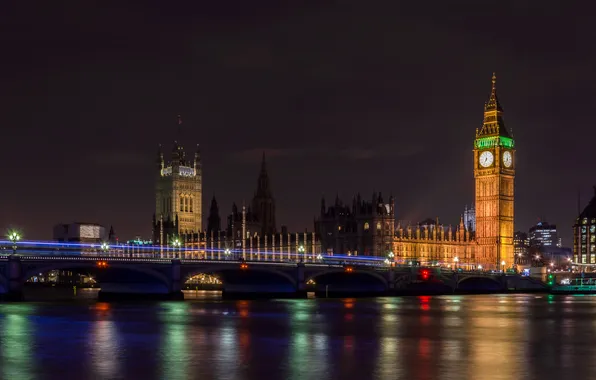 Ночь, мост, город, London, Big Ben, Houses of Parliament