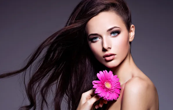 Цветок, глаза, взгляд, девушка, макияж, брюнетка, голубые, girl