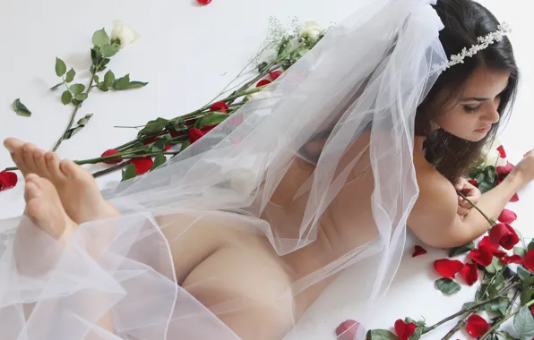 Попка, девушка, цветы, тело, розы, фигура, невеста