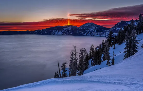Картинка зима, снег, горы, озеро, рассвет, кратер, Crater Lake