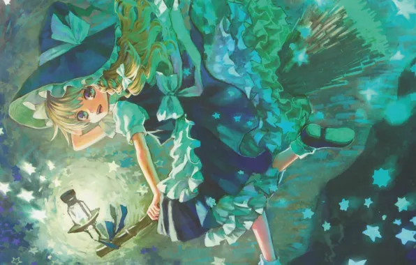 Улыбка, фонарь, метла, звездочки, touhou, art, оборки, Kirisame Marisa