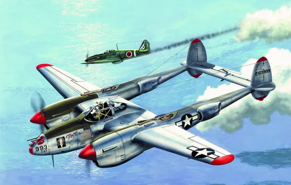 Картинка war, art, painting, aviation, Lockheed P-38 Lightning, ww2, Ace, dogfight