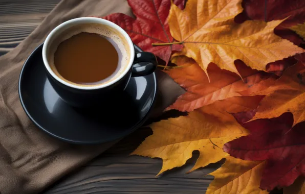 Осень, листья, wood, autumn, leaves, cup, coffee, cozy