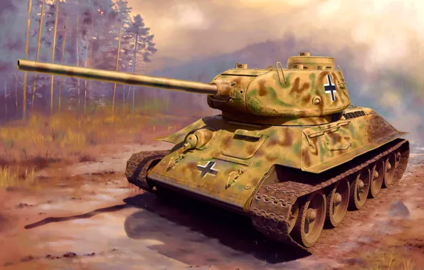 Картинка war, art, painting, tank, ww2, captured tank, Panzerkampfwagen T-34/85