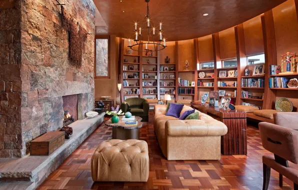 Дизайн, стиль, интерьер, печь, библиотека, гостиная, Санта-Фе, Santa Fe retreat