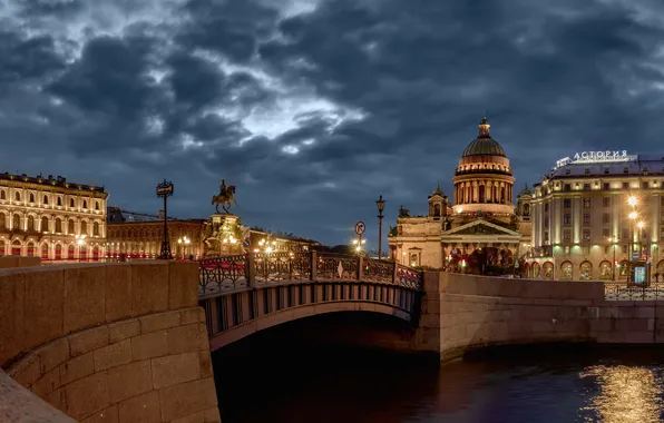Мост, река, здания, дома, фонари, Санкт-Петербург, Исаакиевский собор, Россия