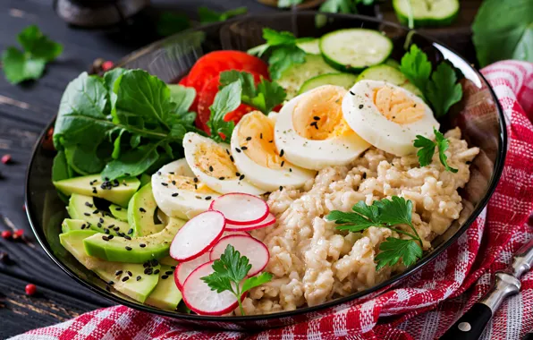 Завтрак, овощи, eggs, перловка, каша •