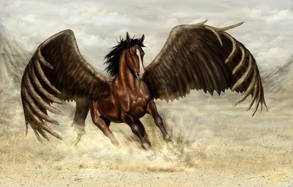 Картинка движение, фантастика, конь, крылья, пыль, арт, бег, пегас